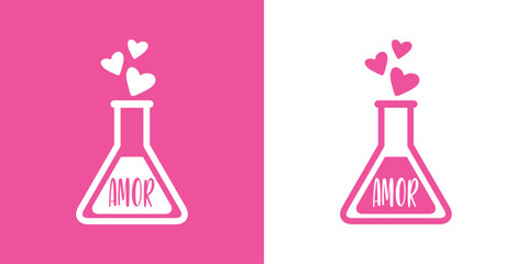 Logo del día de San Valentín. Poción de amor. Botella de cristal con líquido con palabra AMOR en español y corazones para su uso en felicitaciones y tarjetas © teracreonte
