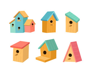 Set of cute birdhouses vector illustration in cartoon style. Hello spring. Bird houses isolated on white background.