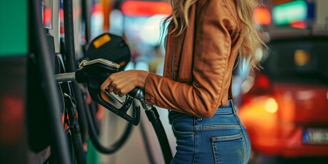 A woman's hand filling up at a gas station petrol pump in a top-notch image. - obrazy, fototapety, plakaty