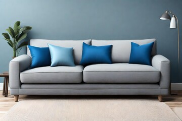 an AI image of a gray sofa with blue pillows isolated using a clipping mask