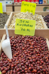 Freshly dried rosehip fruits for sale in herbalists are consumed as tea during the winter months.