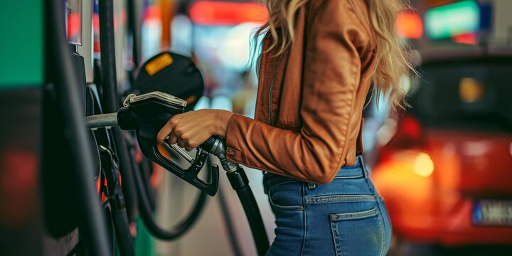 A woman's hand filling up at a gas station petrol pump in a top-notch image.