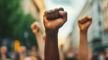 raised fists prominently centered against a blurred background.