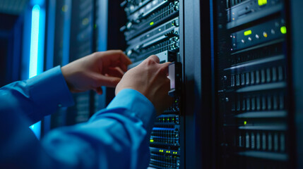 close-up of a person's hands working on a server or network equipment in a data center with blue lighting