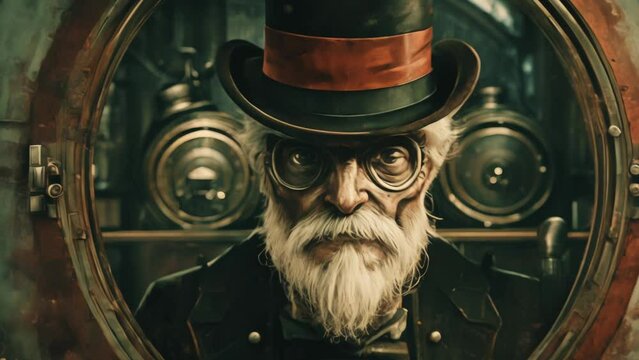Victorian professor with grey beard looking out from a submersible glass window close-up animation