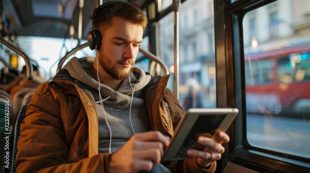 Sticker man is sitting in a bus, looking intently at his phone while wearing earphones, a hoodie, and a mustard-colored jacket, with the city passing by outside the window