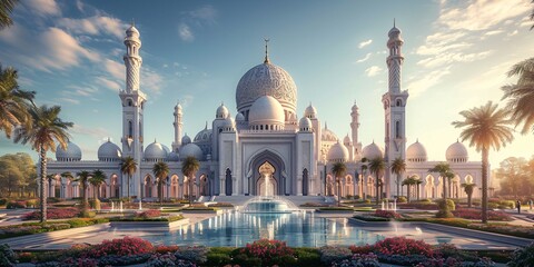Arabian Nights - A stunning white mosque with a fountain in the courtyard, reminiscent of the famous One Thousand and One Nights tales. Generative AI - obrazy, fototapety, plakaty
