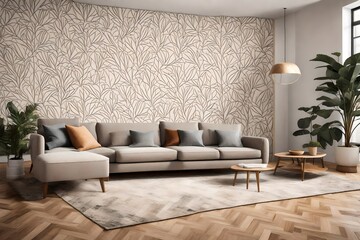 an AI image of a living room with a sofa set positioned in front of a stylish decorative tumbled wall