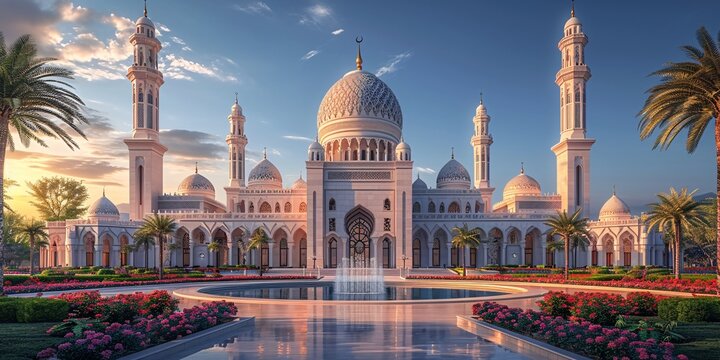 Arabian Nights - A stunning white mosque with a fountain in the middle, surrounded by beautiful flowers and palm trees. Generative AI