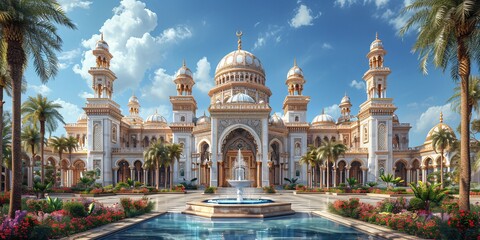 Arabian Nights - A palace with a fountain and a beautiful blue sky in the background. Generative AI
