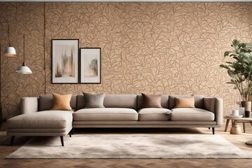 an AI image of a living room with a sofa set positioned in front of a stylish decorative tumbled wall