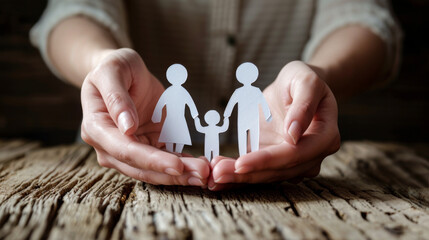 two hands are gently cupping a chain of paper figures resembling a family