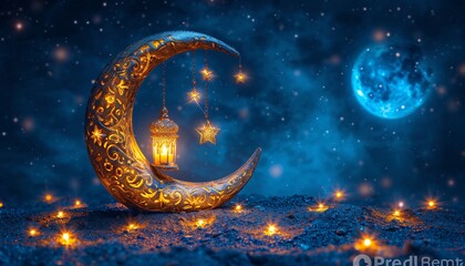 Obraz na płótnie Canvas Golden Lamp with Star Decoration: A Celebration of the Month of Ramadan Generative AI