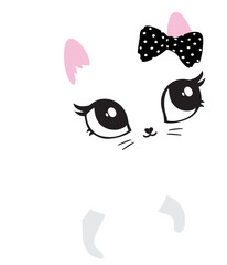 Illustration of cute cat, kitten. Baby, child, cute portrait. Little face, little animal, pet. White character, black graphic. Stickers, wall art, kids room decoration, cutie full face, small kitty