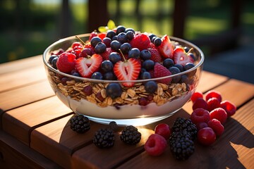 Nutritious granola breakfast with fresh berries in sunlight for healthy start
