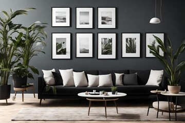 a scene featuring a contemporary living room with a black sofa adorned with white pillows and plants