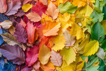 Isolated leaves. Collection of multicolored fallen autumn leaves isolated on white background. Falling leaves in rainbow colors, flat lay. Colors of Fall
