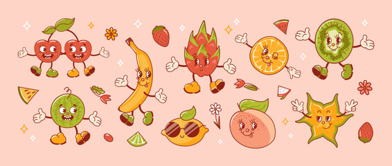 Tropical exotic fruits set. Old retro cartoon characters. Groovy vintage summer design elements. Cool lemons, sunglasses, Banana, watermelon, Cherry, Orange, pitahaya, star fruit and kiwi. Peach Fuzz.