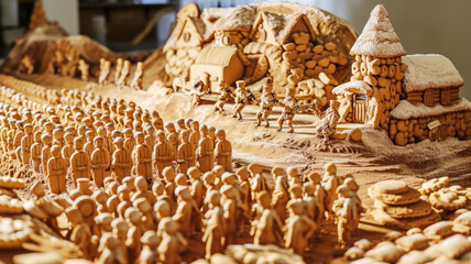 lone cookie soldier stands amid a detailed biscuit city, invoking a sense of fantasy and craftsmanship