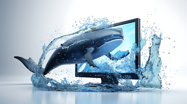 whale outgoing of computer screen, showcase of water splashes, innovative isolated white background