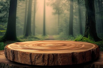 Wooden round pedestal in the green forest 3d illustration, scenery of empty product podium in natural environment, green trees around, mystical mood - obrazy, fototapety, plakaty