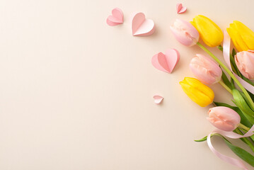 For a memorable Woman's Day: A splendid arrangement of tulips, endearing hearts, an exquisite...