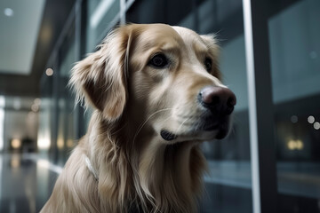 A golden retriever is intently gazing, captured indoors with a modern architectural background, exuding a calm and focused ambiance, ai generative