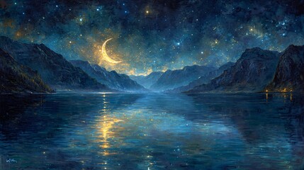 Naklejka premium Glowing Moonlit Night on the Water Generative AI