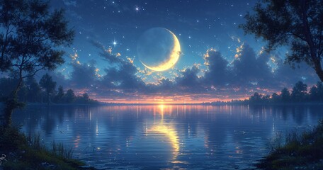 Glowing Moon Over Still Water: A Celestial Nighttime Scene Generative AI - obrazy, fototapety, plakaty