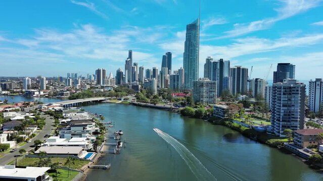 Gold Coast, Australia: Aerial view of skyscraper skyline of famous resort city on east coast of Queensland, Nerang River