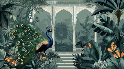 Traditional Mughal garden, arch, peacock, plant vector illustration seamless pattern