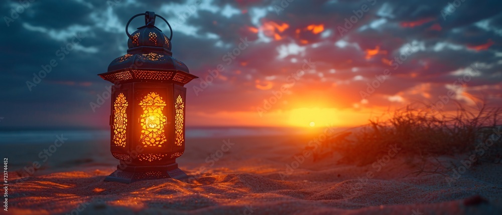 Poster glowing lamp on the beach: a perfect setting for a solstice sunset generative ai
