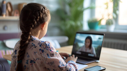 young girl engaged in an online learning session, writing notes while participating in a video call with a teacher on her laptop at a home study setup