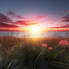 3d rendered photos of sunrise with grass generative AI