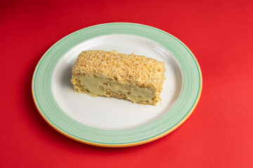 A delicious Napoleon cake in a restaurant. Close-up