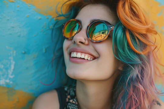 girl with colorful hair and tatoos laughing with sunglasses, top and jacket at a street in evening