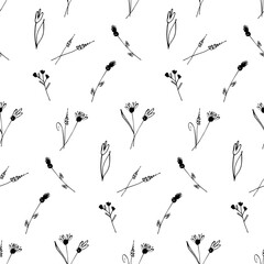 Seamless botanical pattern with hand drawn flowers on white. Wrapping paper with wildflowers. Coloring - obrazy, fototapety, plakaty