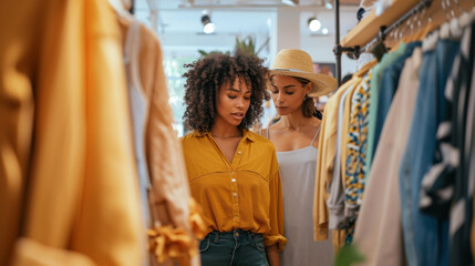 two women with afro hairstyles are shopping in a clothing store with a warm color palette