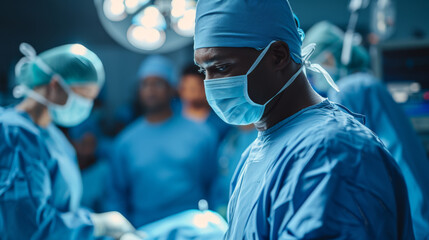 focused male surgeon in blue scrubs and a surgical mask in an operating room
