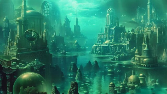Underwater city with towers and cliffs deep sea vintage animation