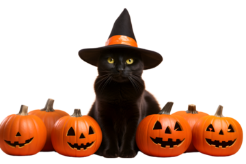 Black cat wearing a witch hat between orange pumpkins on an orange background wishing you happy halloween. Generative AI.