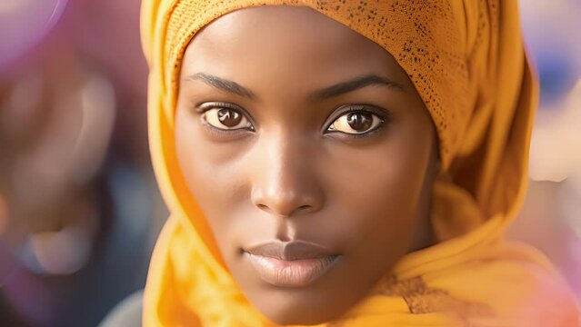 young African woman, possessing deepset eyes that hint towards weary soul, leads refugee support group in makeshift community center. Working within realms of humanistic psychology, she personifies