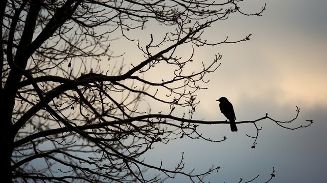 Photorealistic image capturing the stark elegance of a lone bird in silhouette against the branches of a leafless tree, providing ample copy space