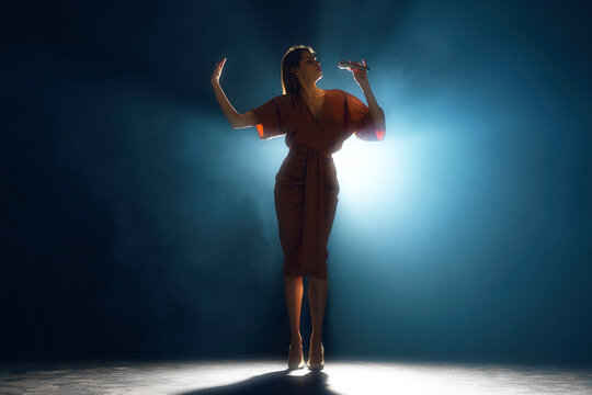 Lost in melody. Performing artist, woman silhouette in mid-song, enveloped by soft blue glow and subtle stage haze. Concept of hobby, festival, concert, disco, entertainment, music and dance. Ad