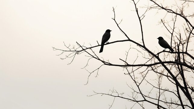 Photorealistic image capturing the stark elegance of a lone bird in silhouette against the branches of a leafless tree, providing ample copy space