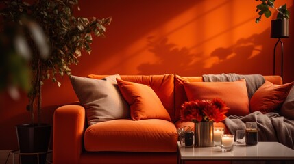 Vibrant orange hues flooding a cozy living room, accentuated by soft lighting and contrasting shadows
