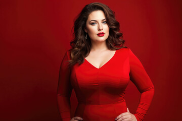 Fototapeta premium A confident woman in an elegant red dress poses with her hand on her hip against a matching red background, exuding strength and style.