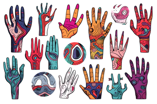 Cartoon hands abstract drawn comic. Set of Hand multicolored different signs and symbols. Drawing style Sticker decals. Generative AI.