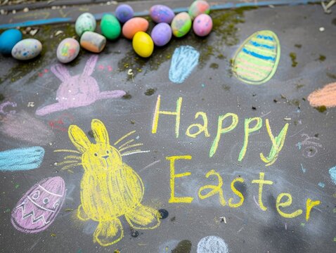 "Happy Easter" written in colorful chalk on a sidewalk, surrounded by children's drawings of eggs and bunnies