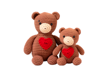 Cute brown crochet bears: bears toys wearing protective face masks, corona virus concept, stay home, stay safe, stay positive quotes, quarantine, health care and medical, red heart sha. Generative AI.